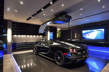 a black sports car parked in a garage