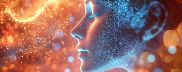 Poster - A surreal depiction of a serene face bathed in light and particles, symbolizing beauty and tranquility in a vibrant cosmic setting.