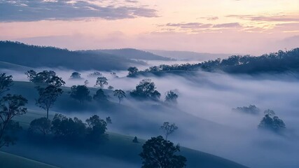 Poster - Misty hills embraced by slowly drifting fog at sunrise