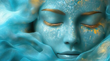 Poster - A serene close-up of a tranquil face, adorned with shimmering blue and golden accents, evoking peace and mystique.