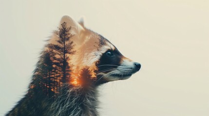 Raccoon's silhouette filled with a forest sunset, blending nature and wildlife in a captivating double exposure. Wallpaper and poster