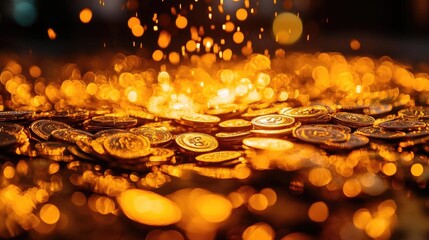 Poster - A captivating display of shimmering coins with a golden sparkle, showcasing wealth and prosperity in a dramatic composition.