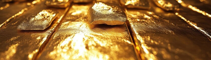 Aufkleber - Close-up view of shiny gold bars arranged on a surface, showcasing their luxurious and opulent texture.