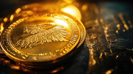 Poster - Close-up of a shiny gold coin with an intricate design, resting on a dark surface. Ideal for finance and luxury themes.