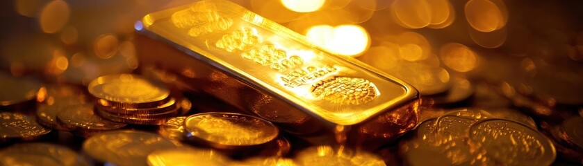 Poster - Shiny gold bar surrounded by scattered golden coins, symbolizing wealth and prosperity in a luxurious setting.