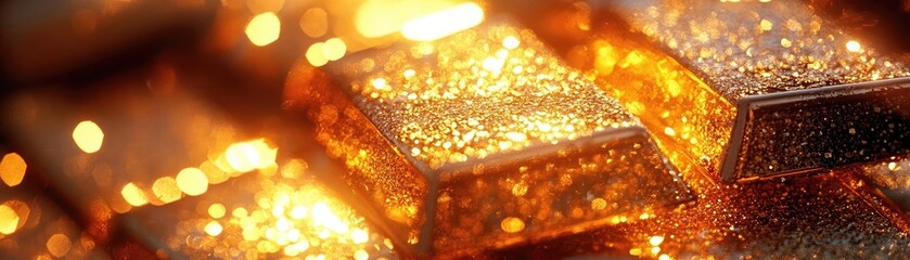 Poster - Shimmering gold bars stacked together, radiating luxury and wealth with sparkling reflections and warm golden hues.
