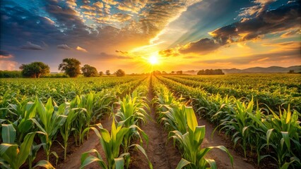 Wall Mural - Golden light of the setting sun illuminating the rows of corn plants in a rural Asian field, with a picturesque sky overhead