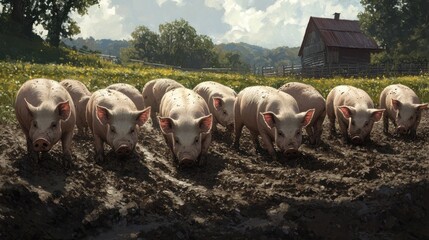 Wall Mural - Pigs on a Muddy Path