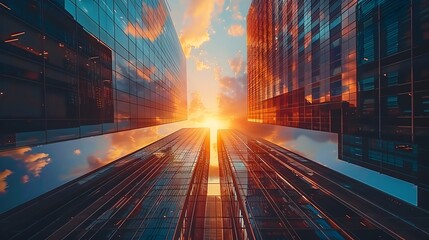 Striking Sunset Cityscape with Towering Glass Skyscrapers Reflecting the Golden Glow