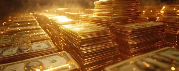 Poster - Stacks of gold bars and currency create a luxurious and opulent ambiance, symbolizing wealth and financial success.