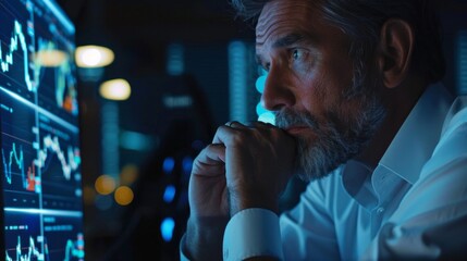 Poster - A man is looking at a computer screen with a lot of numbers and graphs