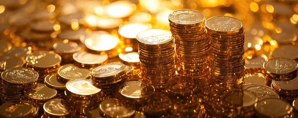 Poster - A stunning collection of shiny gold coins, symbolizing wealth and prosperity, perfect for financial-themed projects or presentations.