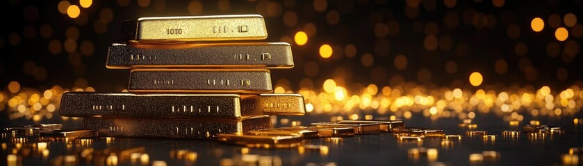 Aufkleber - Stacks of gold bars gleaming against a backdrop of golden bokeh lights, symbolizing wealth and prosperity.