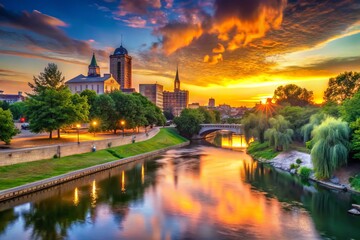 Sunset casts a warm glow on the tranquil St. Mary's River, lined with lush greenery and historic buildings,