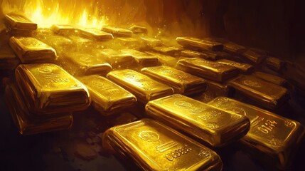 Poster - Glistening gold bars stacked in a dramatic setting, evoking luxury, wealth, and the allure of hidden treasures.