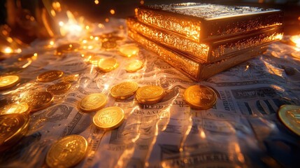 Poster - Glistening gold coins scattered on currency with ornate treasures, evoking a sense of wealth and prosperity in a magical setting.
