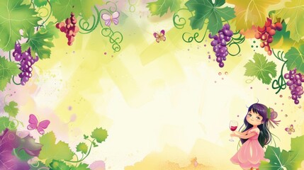 Background template with copy space of grape leaf and  vine and a little child