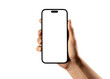 © MR Vector - Hand holding smartphone mockup as png photo with blank screen isolated on white background. mobile phone hand mockup