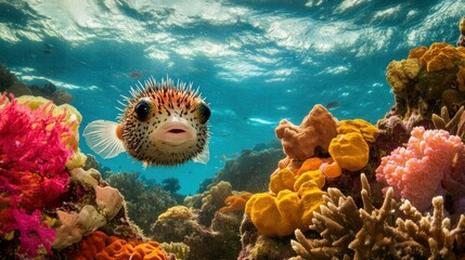 Wall Mural - Pufferfish Swimming Through Coral Reef