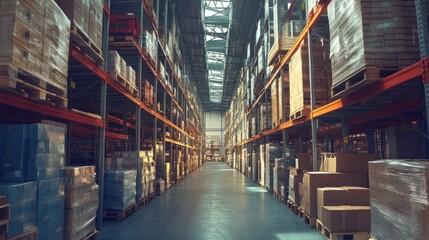 Wall Mural - Warehouse Interior with Rows of Packed Boxes