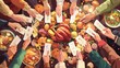 © Charoen - Top view of a Thanksgiving table with friends and family gathered around, sharing gratitude.