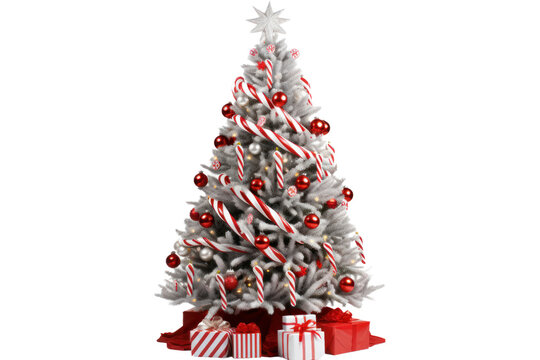 Artificial Christmas tree adorned with silver and red decorations, isolated on white background