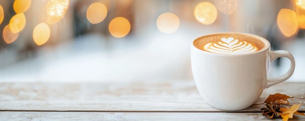 Poster - Warm Cup of Coffee on Wooden Table with Autumn Leaves.