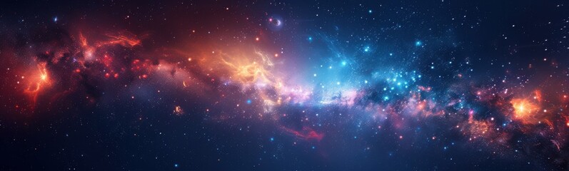 Wall Mural - brightly colored stars in a dark sky with a bright blue center, banner, copy space
