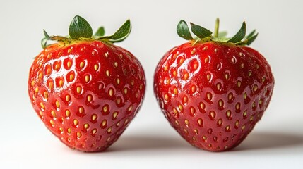 Sticker - Two ripe strawberries with green leaves, isolated on a white background.