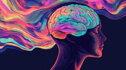Poster - An artistic representation of the brain with colorful waves, symbolizing creativity and thought in a vibrant profile silhouette.
