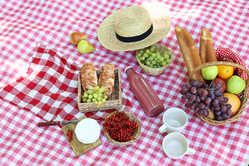 Wall Mural - Picnic wicker baskets with delicious food, tableware and drink on checkered blanket