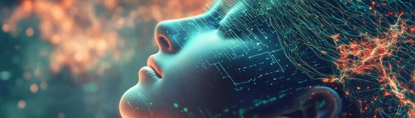 Poster - A serene portrait of a woman with flowing digital elements, symbolizing the fusion of technology and human emotion.