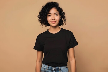 A young Hispanic woman with curly hair wearing a black shirt and jeans, smiling softly against a warm beige background.