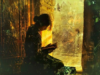 A woman in a hat sits in a doorway, reading a book, with a view of a glowing ancient city behind her.