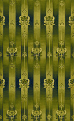 Close-up of vintage green wallpaper with a floral pattern and a textured background.