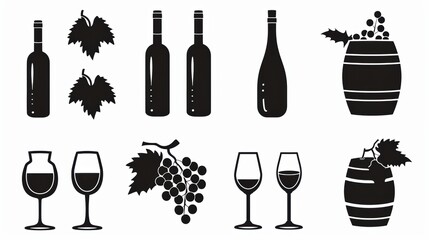 Vector illustration of grape, grape, wine bottle and glass