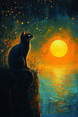 Wall Mural - A black cat sits on a cliff overlooking a vast body of water, gazing up at the bright moon and starry sky.