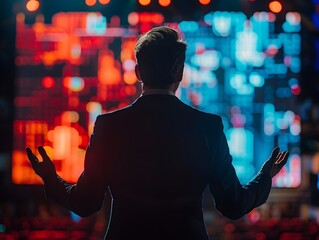 Silhouetted Business Leader Delivering Powerful Keynote Speech on Stage with Dynamic Visuals in the Background