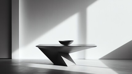 Poster - Modern Geometric Table with a Bowl and Light Casting Shadows on a White Wall