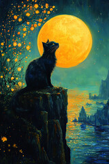 Wall Mural - A black cat sits on a cliff, gazing at the bright, yellow moon.