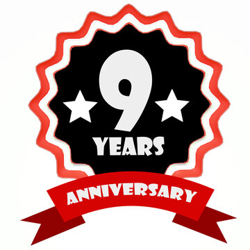 Celebrating 9 years anniversary label with red ribbon. 3d render.