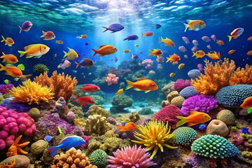 Wall Mural - Vibrant, colorful coral reef landscape with schools of small fish swimming in front of a simulated ocean background,