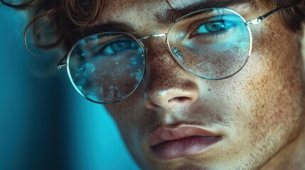 Person with curly hair wearing round glasses