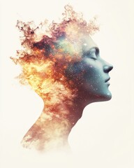 A surreal profile portrait blending human features with colorful cosmic elements, symbolizing creativity and imagination.