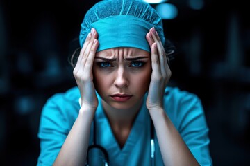 A worried nurse in blue scrubs and a surgical cap sits down, resting her head in her hands, portraying exhaustion and concern for the challenges faced in the medical field.