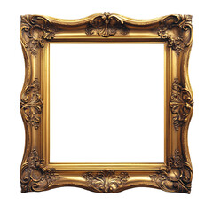 Golden wooden engraved frame on transparent white background PNG 