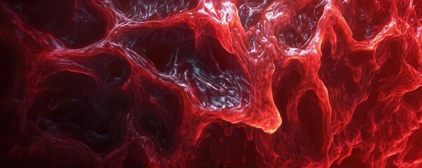 Poster - Abstract red texture resembling organic matter, featuring intricate patterns and fluid shapes for artistic or scientific use.