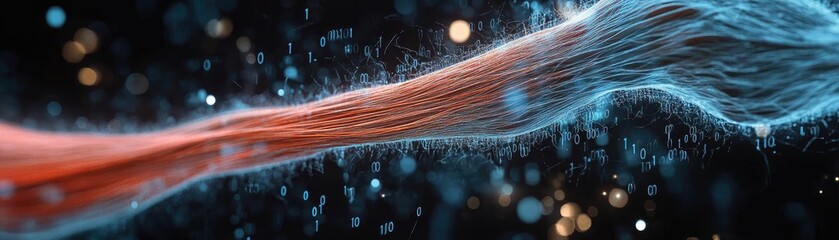 Poster - Dynamic abstract image featuring flowing strands of color with glowing particles, creating a vivid and energetic visual experience.