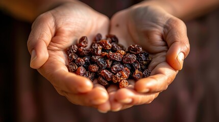 Raisin grain in hand closeup view