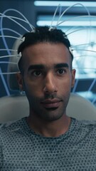Aufkleber - Vertical Screen. Patient Wearing Headset for an Innovative Treatment in a Futuristic Medical Facility, Surrounded by Advanced High-tech Equipment. This Procedure Signifies Progress Scientific Research
